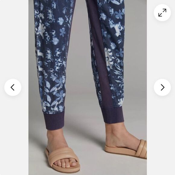 Anthropologie Mixed-Knit Navy Tie Dye Floral Print Joggers - Picture 4 of 4